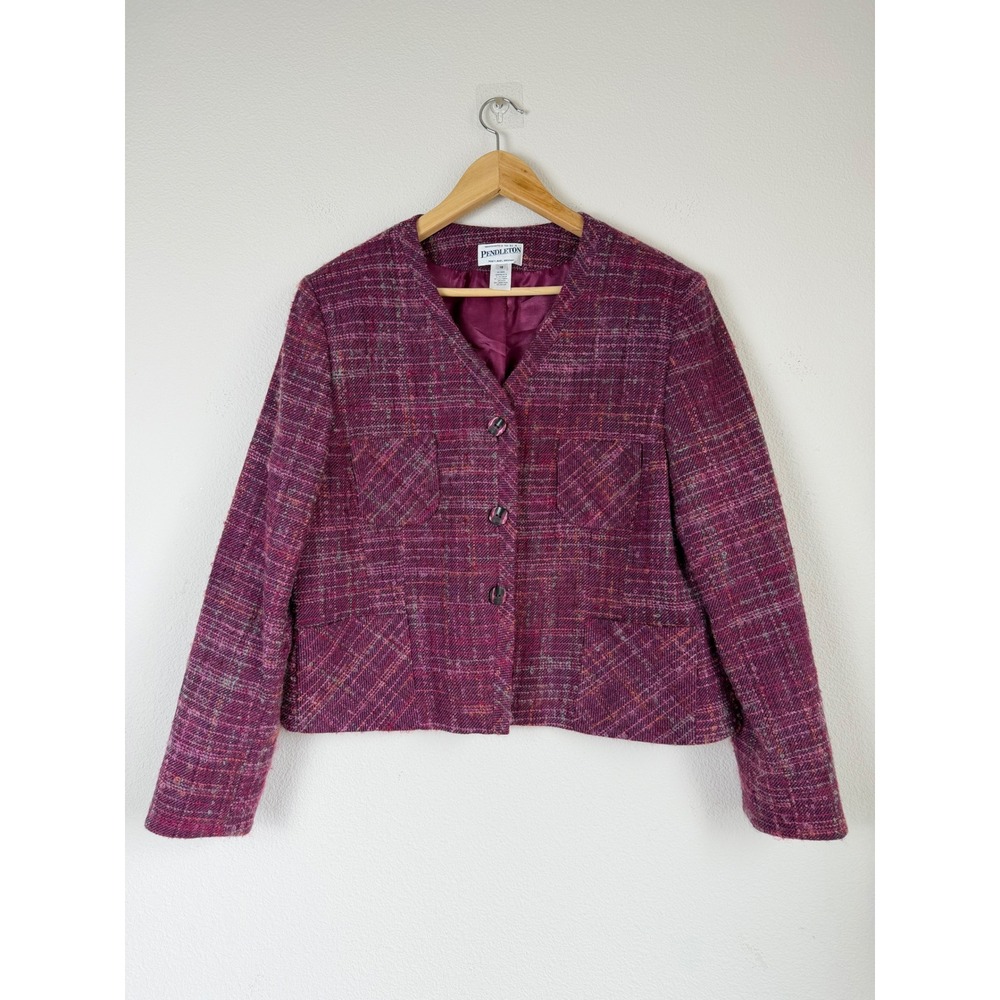 VTG Pendleton Women Wool Mohair Tweed Jacket 16 Purple Plaid Cropped Old Money